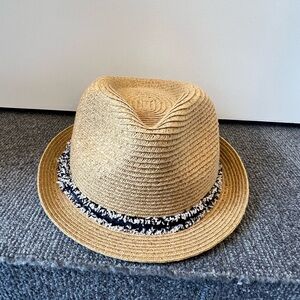 Tan and Black Fedora Straw Hat with Black and White Band